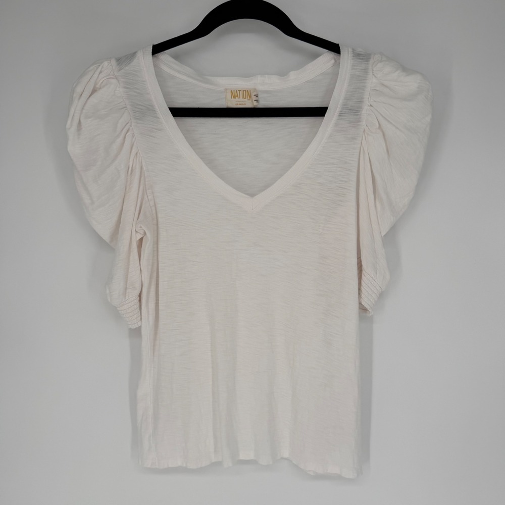 NATION LTD WHITE V-NECK TEE EXAGGERATED PUFF SLEEVE PIMA COTTON‎ CASUAL COASTAL